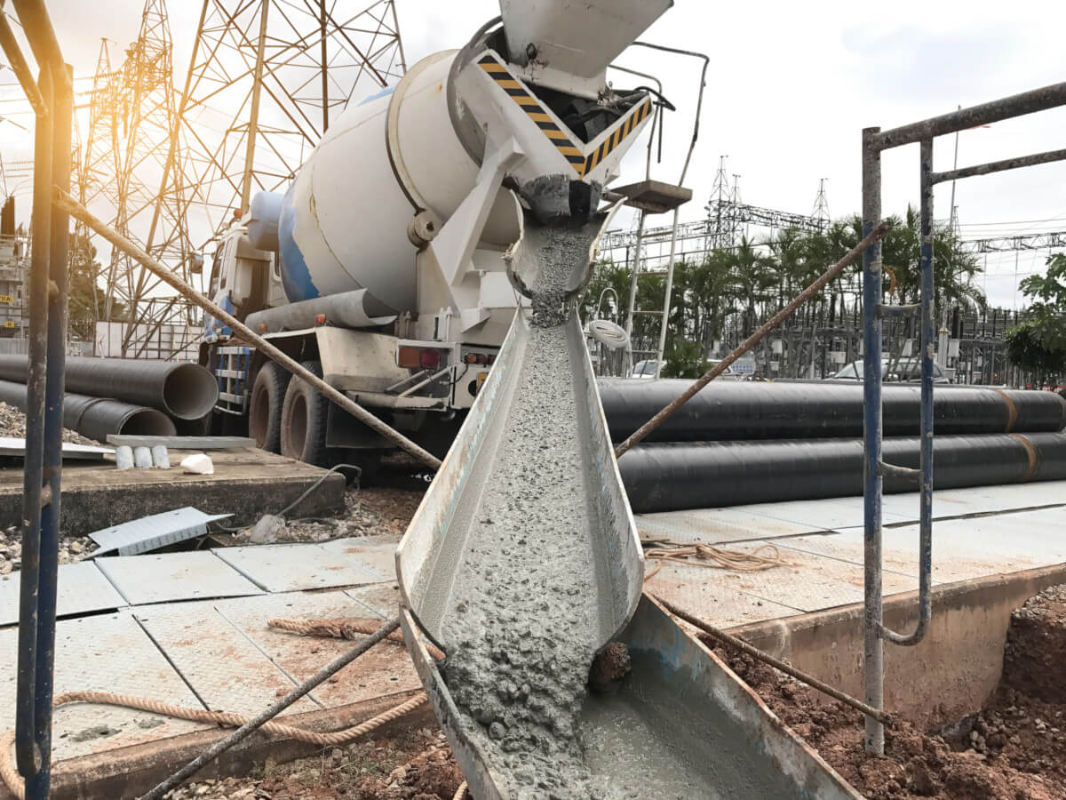 concrete pouring truck at construction work site